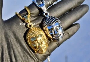 14K GOLD/ WHITE GOLD PLATED STAINLESS STEEL BUDDHA HEAD PENDANT, BOX CHAIN SET - Picture 1 of 6