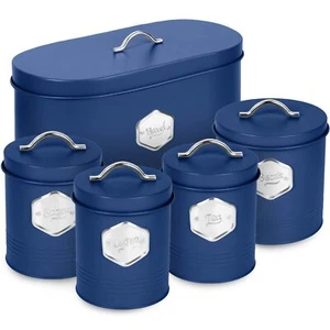 HEFTMAN Kitchen Storage Canister Airtight Labelled Containers 5 Piece Set Blue - Picture 1 of 7