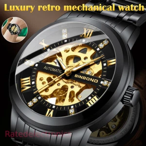 Luxury Men's Stainless Steel Gold Tone Skeleton Automatic Mechanical Wrist Watch - Picture 1 of 8