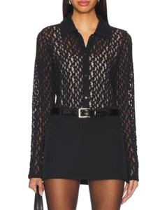 VINCE NWT $265 Floral Sheer Smocked Lace Long-Sleeve Button-Up Top In Black L - Picture 1 of 11