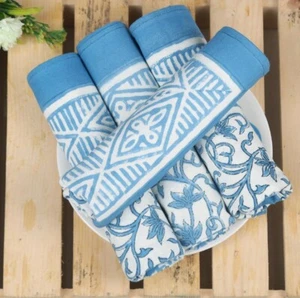 Cotton Dinner Napkins Hand Block Printed Kitchen Reusable Napkins Blue Set Of 4 - Picture 1 of 6