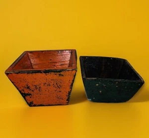 2er Set antike chinesische Holz Reislöffel, Maserungsmaß, Beereneimer ORANGE GRÜN - Bild 1 von 22