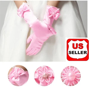 Elegant Pearl Bow Flower Girls Dress Long White Gloves for Kids Baby 3-12 Years - Picture 1 of 18