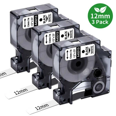 3PK Dymo D1 Label Tape 45013 Black on White 12mm for Dymo Label Manager 160 280