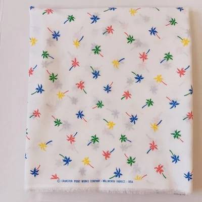 FLAWED Vintage Cranston White Primary Color Palm Trees Cotton Fabric 2yd-31"x60" - Image 1 of 4