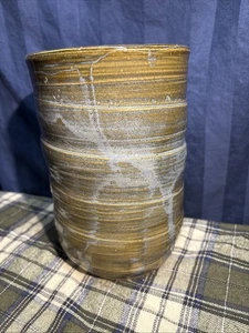 Pottery 7 1/2” Tall 4 1/2” Wide Vase Signed 1995 Green Gray Tan.      M3 - Picture 1 of 11