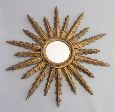 Antique 1910's French Gold Gilt Wood Sunburst Starburst Convex Mirror 25.5" - Image 1 of 4