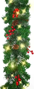 Decoración de guirnalda de Navidad de 9 pies con 50 cálidas luces LED conos de pino preiluminados Berr - Imagen 1 de 9