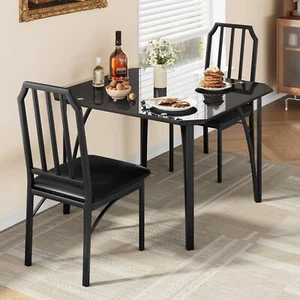 Dining Table Set for 2 Modern Dinette Kitchen Glass Table with 2 Cushion Chairs - Picture 1 of 11