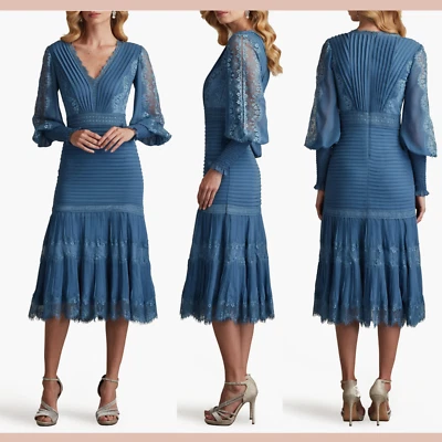 EUC$438 Tadashi Shoji [ 10] 蕾丝 Pintuck 长袖鸡尾酒礼服石板 J2058 — 第 1/4 张图片