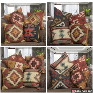 Set of 4 Wool Jute Vintage Kilim Cushion Cover 45x45 cm Home Décor Pillowcases - Picture 1 of 32