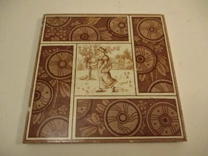 Antique Victorian 1881 6" Tile T & R Boote Kate Greenaway Seasons Spring Red - Picture 1 of 9