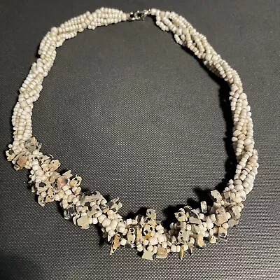 Natural Beige Seed Bead Necklace Dalmatian Stone Abalone Boho Cluster 17” - Image 1 of 4