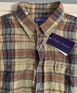 Ralph Lauren Purple Label 100% Linen Plaid Shirt L Khaki Brown L/S Portugal $595