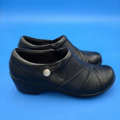 Mocasín Clarks Channing Ann para mujer talla 8,5 M cuero negro cremallera botón zapato usado en excelente estado Foto 1 de 4