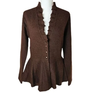 Madison Brown Wool Peplum Cardigan Women's Small Academia Forest Ruffle Office - Picture 1 of 10