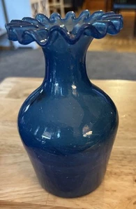 Blue Swirl Ruffled Art Glass Hand Blown Vase - Picture 1 of 4