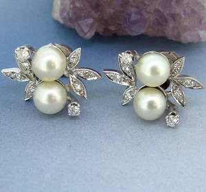 6.7mm Pearls 14k White Gold .33 ctw Round Cut Diamonds Antique Stud Earrings - Picture 1 of 8
