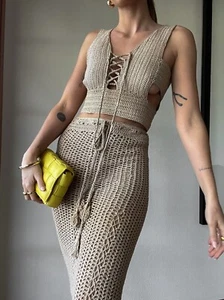 Brand New Nude Crochet 2-Piece Set – Size Medium – Lace-Up Crop Top & Midi Skirt - Picture 1 of 2