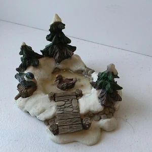 Snow Pond In The Woods Pine Trees, Ducks And bridge Wait For Christmas - Picture 1 of 9