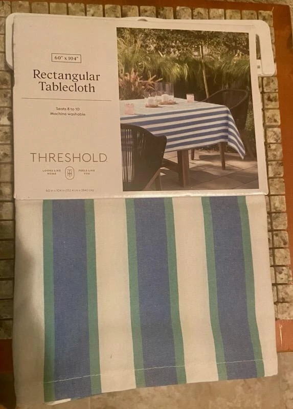 Threshold Quality Fabric Blue Green White Striped Rectangular Tablecloth - Image 1 of 4