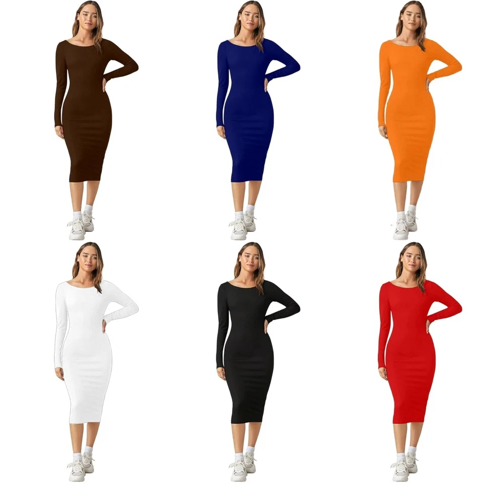 Solid Round Neck Solid Bodycon Midi Dress for Women's & Girl's - Image 1 of 1