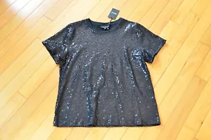 DKNY Womens Black Sequin Embellished Short Sleeve T Shirt Top Size XL Black - Picture 1 of 9