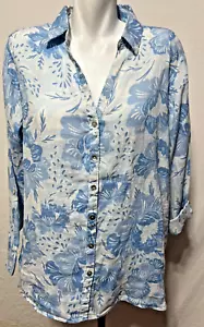 Sigrid Olsen 1X Women's Linen Shirt Top Blouse White Blue Floral Button Up New N - Picture 1 of 6