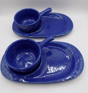 Longaberger Pottery Woven Traditions Cornflower Blue Chili Bowls Sandwich Plates - Picture 1 of 12