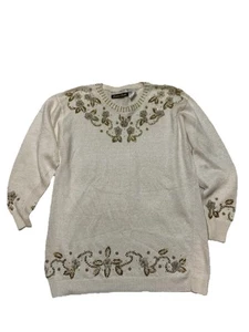 VTG Dana Scott Sweater Cream Christmas Gold/white Beads Embellished Womans M - Picture 1 of 8
