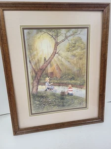 Vintage "Zwei Jungen Angeln" von R. Adair gerahmte Kunst - Bild 1 von 4