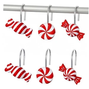 12PCS Christmas Cane Shower Curtain Hooks, Red White Xmas Holiday Candy - Picture 1 of 6