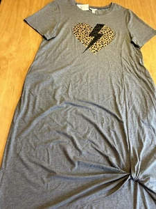 Gray Knotted Heart & Lightning Bolt T-Shirt Maxi Dress Cheetah Large Pockets - Picture 1 of 11
