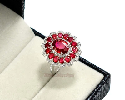 Natural Red Ruby July Birthstone Ring 925 Sterling Silver Women Engagement Ring - Image 1 of 4