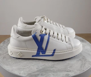 Women's Louis Vuitton Time Out White Leather Blue Big Logo Sneakers Size 37 - Picture 1 of 20