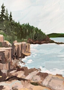 Original Painting Landscape Seascape Acadia Maine Rock "Every Breath" Signed 5x7 - Picture 1 of 4