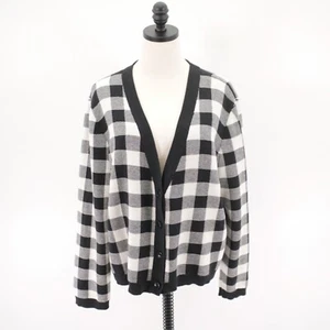 Talbots White Black Plaid V-Neck Cardigan Button Front Sweater XL Cotton Polyest - Picture 1 of 8