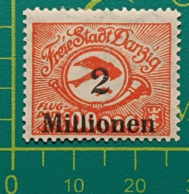 Gdansk stamp 1923, DANZIG- Sc C24 AP5 2mil m on 100,000m scarlet, Perf. 14, MNH - Image 1 of 4