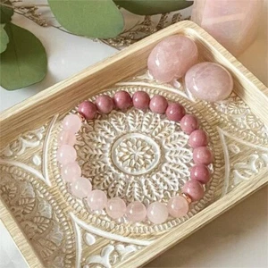 Rose Quartz & Rhodonite Gemstone Beads Healing Women Bracelet for Self Love Gift - Picture 1 of 8