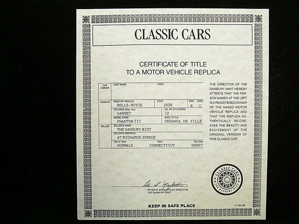 DANBURY MINT TITLE - 1938 ROLLS-ROYCE PHANTOM III SEDANCA DE VILLE - Image 1 of 1