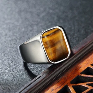 Man Real Stainless Steel Band Ring Solid Tiger's Eye Square Stone Ring Size 7-12