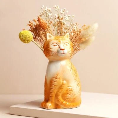HEAVENLY HOMES AND GARDENS Flower Vase, Funny Cat Vase, Decorative Orange Vase, Novelty Cat Lovers Gift