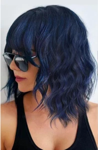 Nnzes Wig with Bangs for Women Short Bob Wavy Charming Synthetic Dark Blue NEW - Picture 1 of 5