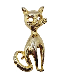 Retro Kitty Cat Kitten MCM Gold Tone Feline Open Metal Eye Curve Tail Brooch Pin - Picture 1 of 14