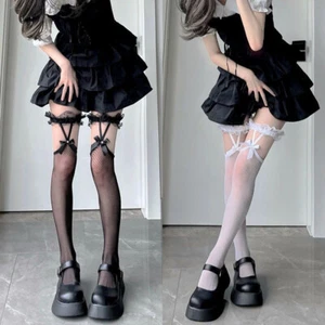 JK Girl Stockings Lolita Socks Bow Suspender Sexy Hollow Out High Thigh Socks - Picture 1 of 19