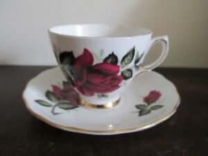 Colclough England Bone China Cup And Saucer Large Cabbage Dark Red Rose