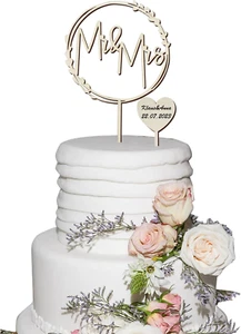 2pcs Cake Topper Hochzeit aus Holz Tortendeko Mr & Mrs im Kranz Herz Torten Kuch - Bild 1 von 4