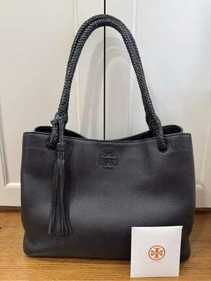 Tory Burch Taylor Triple Compartment Black Leather Tote Braided Handle Tassel - Image 1 of 4