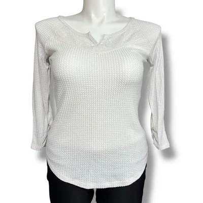 No Boundaries Womens Sweater Top Waffle Knit and Lace Pullover Henley White Larg - Image 1 of 4
