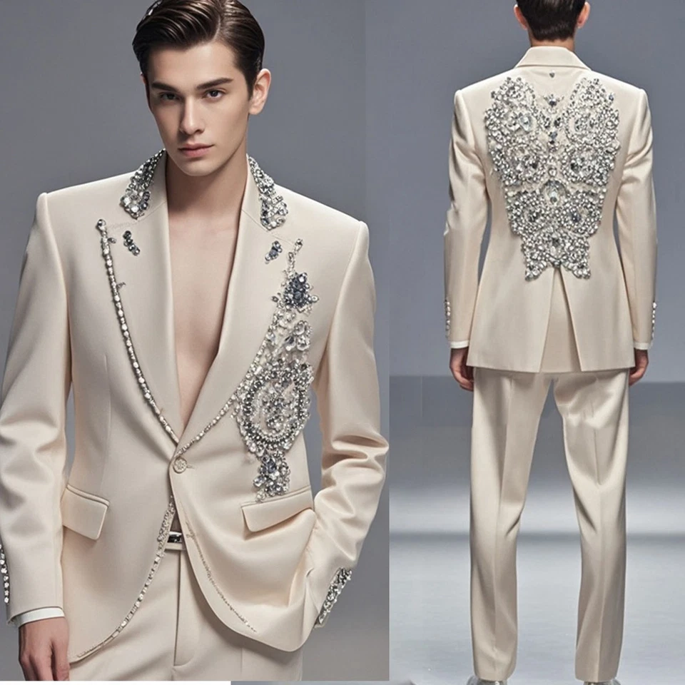 Traje de hombre con cuentas de estrás calce ajustado boda graduación novio esmoquin pico solapa negocios Foto 1 de 4